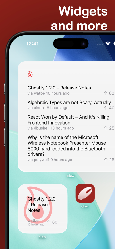 iPhone home screen with claw app widgets displaying technical news headlines from the Lobsters community