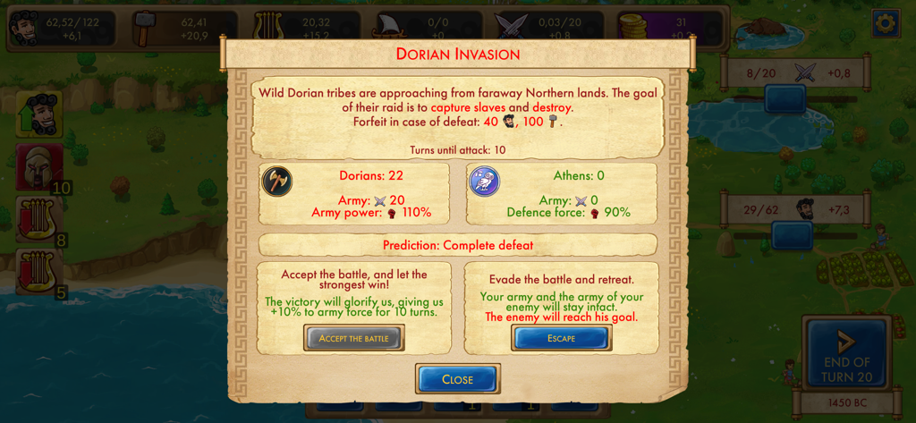 Dorian Invasion event popup showing battle stats and strategic choices in Marble Age Remastered