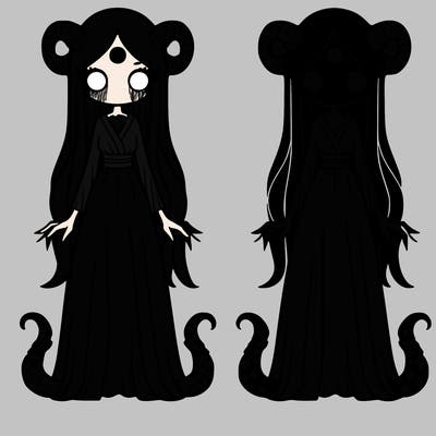 tall evil goddess with tentacles, a long dress, and blank white eyes