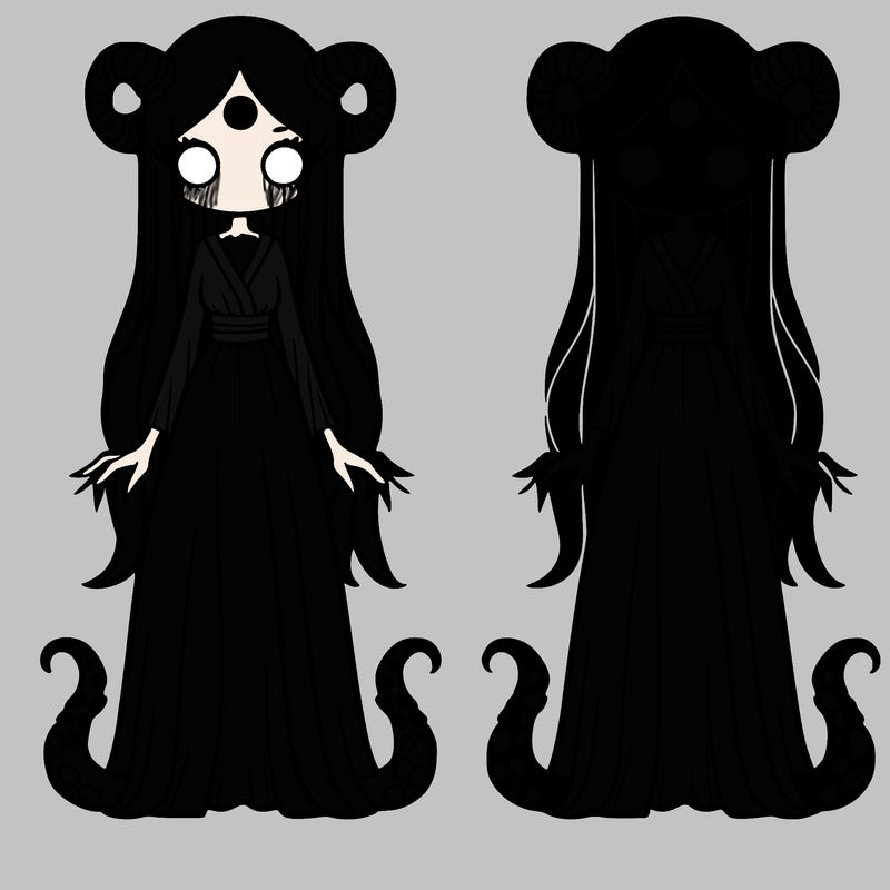 tall evil goddess with tentacles, a long dress, and blank white eyes