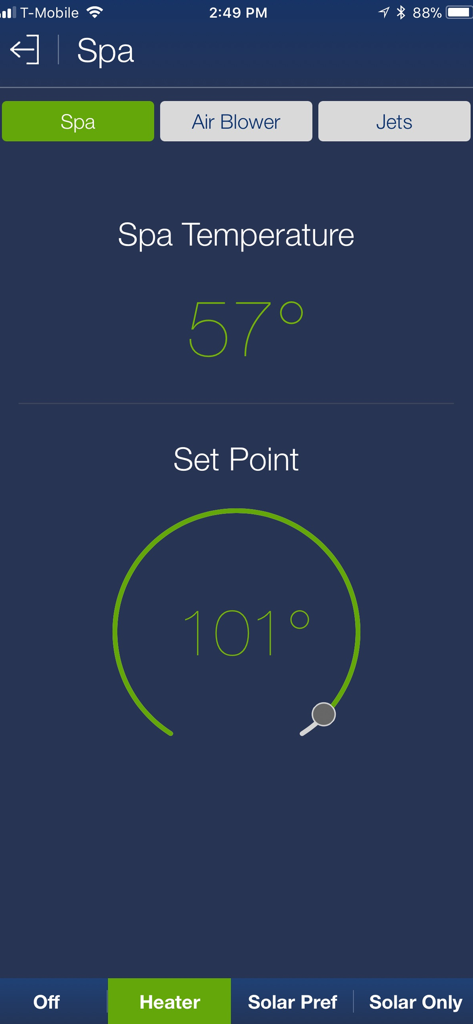 Tela de controle de spa do aplicativo ScreenLogic Connect exibindo a temperatura atual e o ponto de ajuste do aquecedor