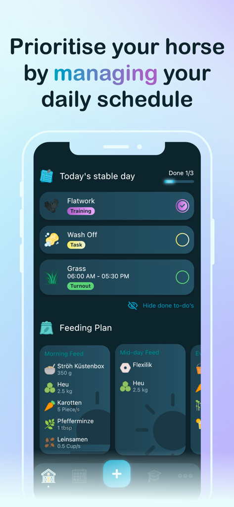 Happie Horse Management - Screenshot of the Happie Horse app displaying a daily stable schedule with training tasks and a horse feeding plan.