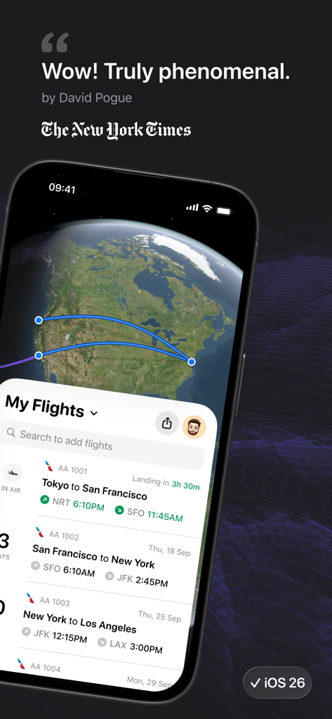 Flighty – Live Flight Tracker - Pantalla de smartphone que muestra la aplicación Flighty con una lista de vuelos rastreados y un globo terráqueo 3D que muestra las rutas de vuelo.