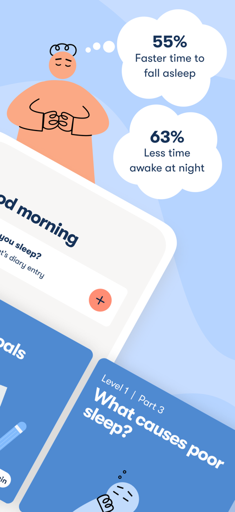 Sleepio 3.0 - Sleepio app screen showing clinical statistics for falling asleep faster and reducing night wakefulness