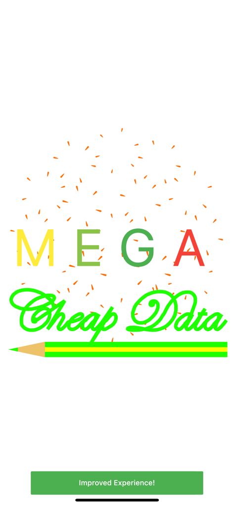 Pantalla de inicio de la aplicación MEGA Datos Baratos con un logo colorido y un botón de experiencia mejorada