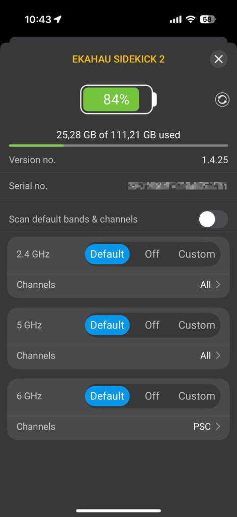 Ekahau Survey app interface showing Sidekick 2 status and frequency band configuration