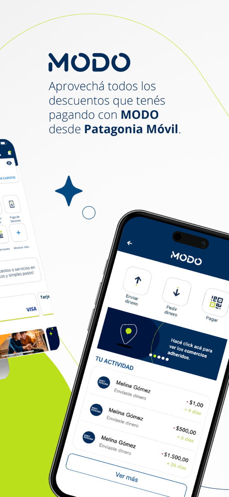 Patagonia Móvil - Interfaccia dell'app Patagonia Móvil che mostra l'integrazione del portafoglio digitale MODO per inviare e ricevere denaro