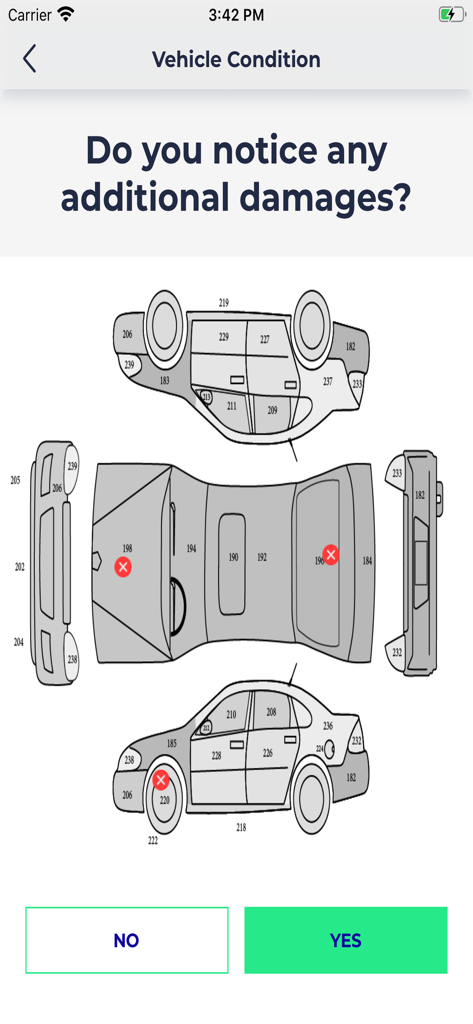 WEEM - WEEM app vehicle condition screen showing diagrams of a car for damage inspection and reporting