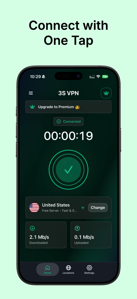 Un smartphone affichant l'interface de l'application 3S VPN avec une connexion réussie à un serveur des États-Unis et des statistiques de vitesse.