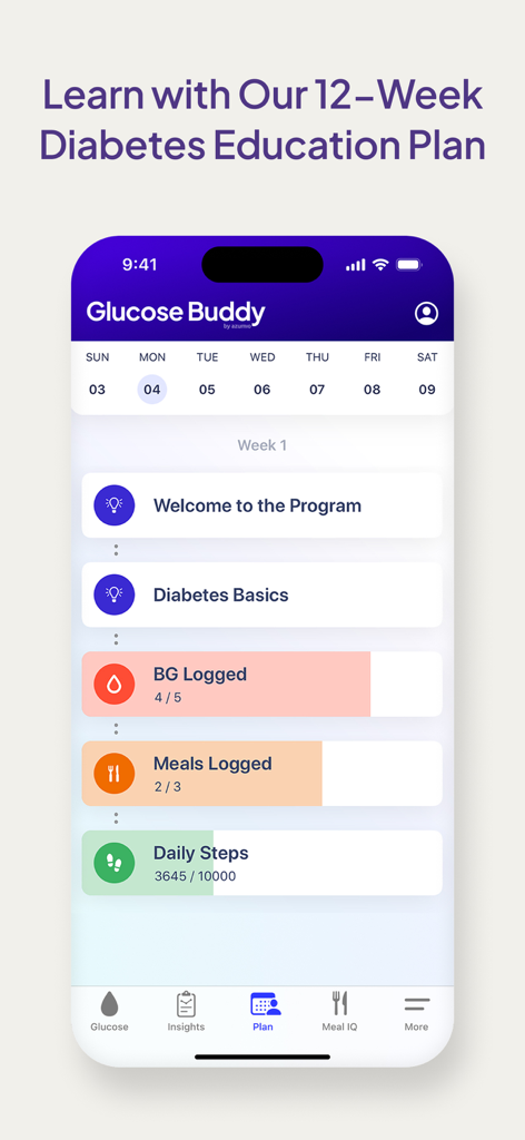 Glucose Buddy Diabetes Tracker - Glucose Buddy app screen showing a 12 week diabetes education plan with tracking for blood glucose meals and daily steps