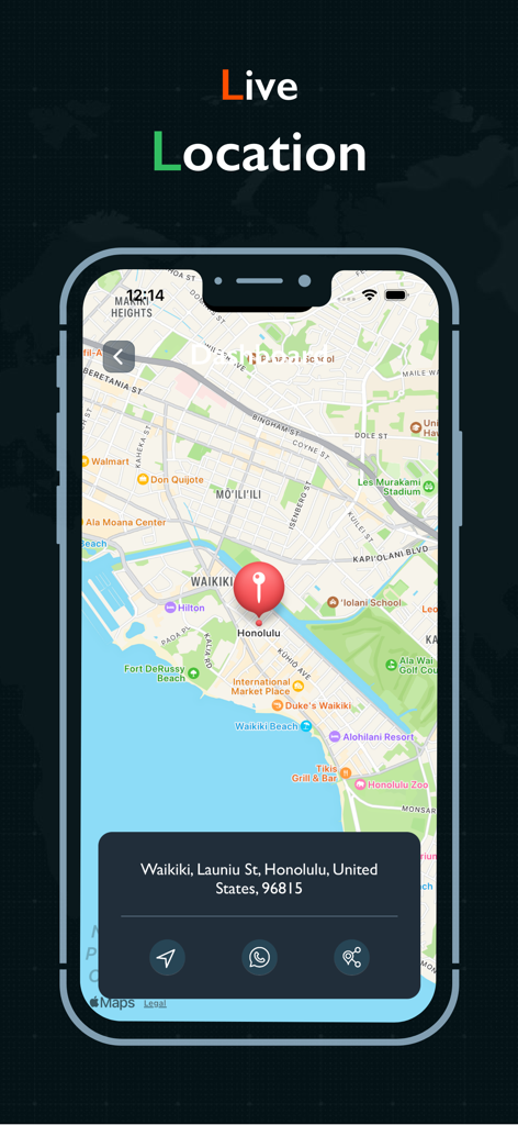 Uma tela de smartphone exibindo um pino de localização em tempo real em um mapa de Honolulu com o endereço correspondente.
