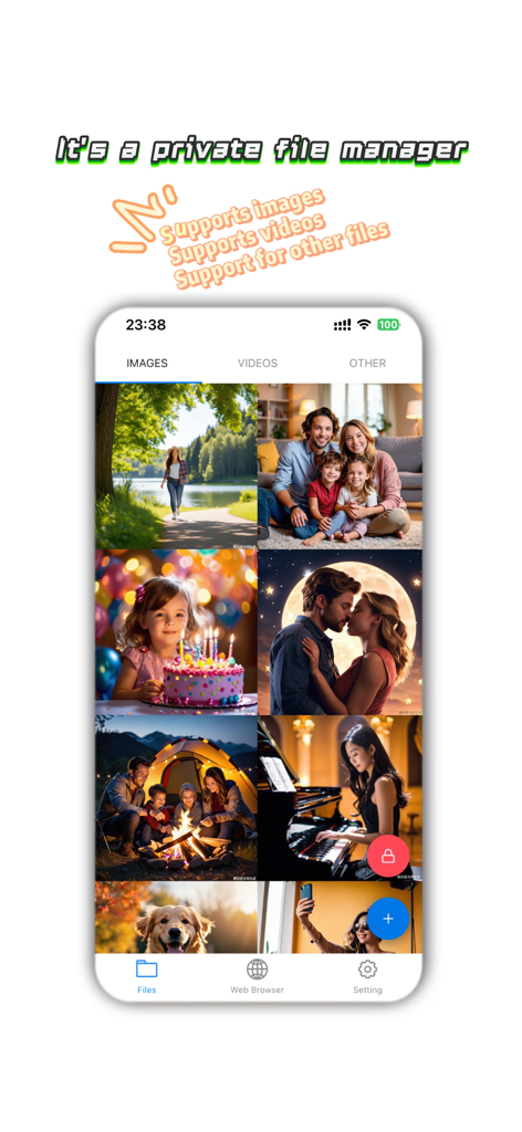 S Calculator – Private Vault - S Calculator app interface displaying a private photo gallery with a grid of hidden images and video folders.