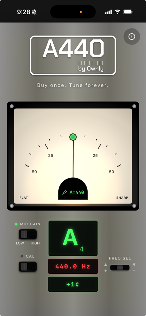 A440 Tuner by Ownly - A440 Tuner app interface with a vintage analog needle meter and professional frequency display