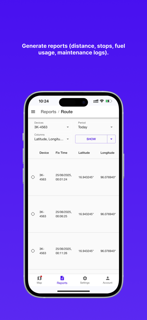 AGB Smart Track app interface showing detailed route reports with GPS coordinates and timestamps for vehicle tracking