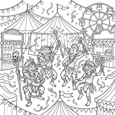 Dive into a world where mischievous Goblin Shamans let loose at a vibrant carnival, filled with music, magic, and merrymaking. This energetic coloring page brings together fantasy and festivity for an unforgettable artistic adventure.