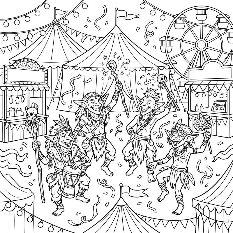 Dive into a world where mischievous Goblin Shamans let loose at a vibrant carnival, filled with music, magic, and merrymaking. This energetic coloring page brings together fantasy and festivity for an unforgettable artistic adventure.