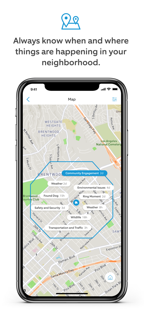 Neighbors by Ring app displaying a real-time neighborhood map with community alerts for safety, wildlife, and local incidents.