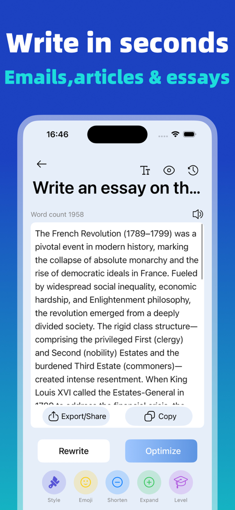 AI Writer -Essay Email Writing - Interfaz de la aplicación AI Writer mostrando un ensayo generado sobre la Revolución Francesa con opciones para reescribir y optimizar.