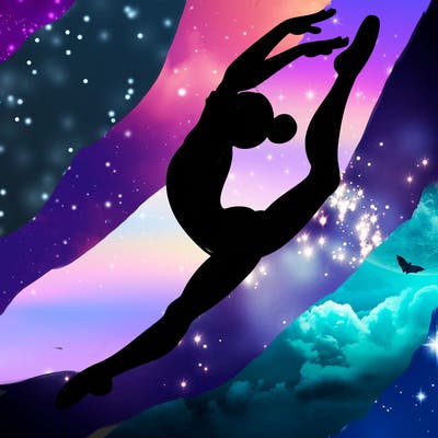 gymnast doing a leap in a leotard with a bent back leg