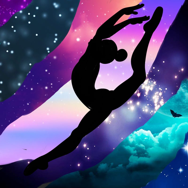 gymnast doing a leap in a leotard with a bent back leg