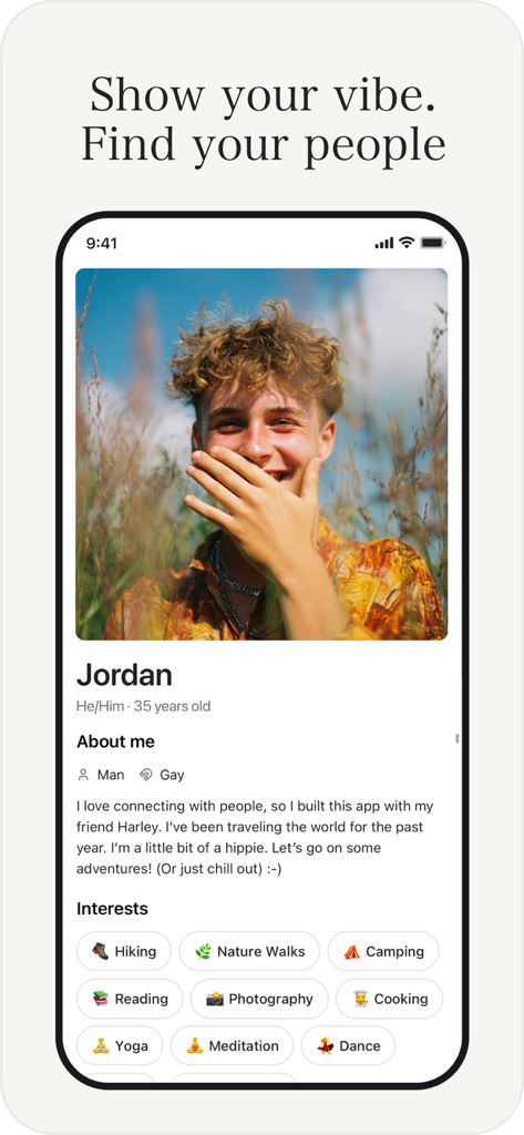 Gather - Un perfil de usuario para Jordan en la aplicación Gather que presenta una foto, biografía y una lista de intereses