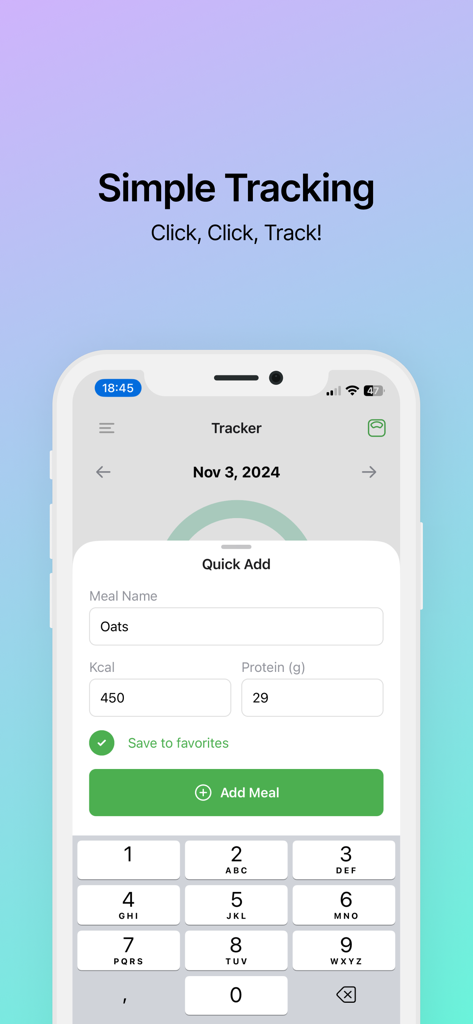Quick Track - Calorie Counter - Interfaz de la aplicación móvil Quick Track que muestra una pantalla de adición rápida de comidas para registrar calorías y proteínas