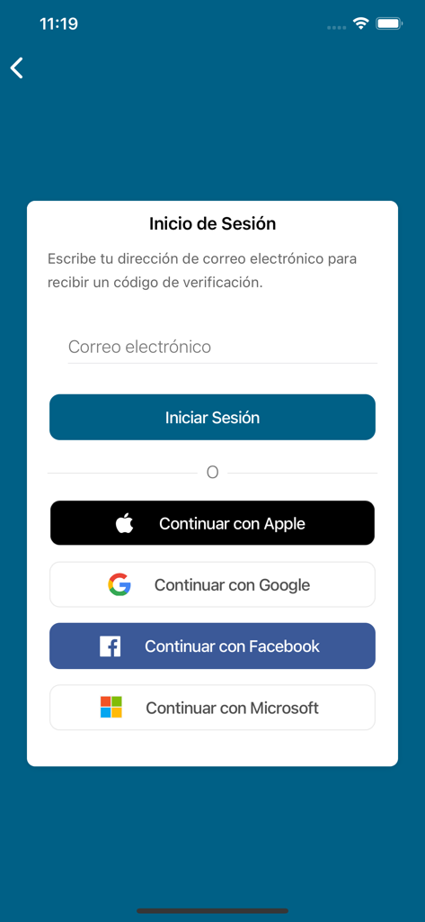 Elfec Móvil - Login screen for the Elfec Movil app showing email sign in and social authentication options for Apple Google Facebook and Microsoft