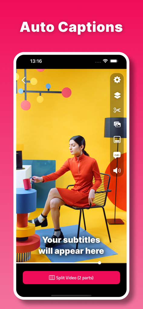 Split Video: Story Cutter - Mobile app screen showing the auto captions feature and video splitting options for social media creators.