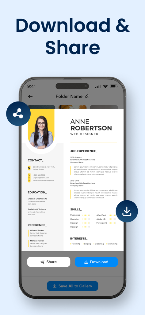 PDF to JPG Converter - JPEG - A mobile app interface displaying a converted PDF resume with options to download or share as an image.