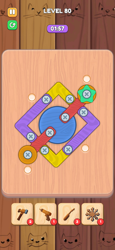 Screw Match: Puzzle Game - A wooden board with colorful shapes held together by screws in a logic puzzle game.