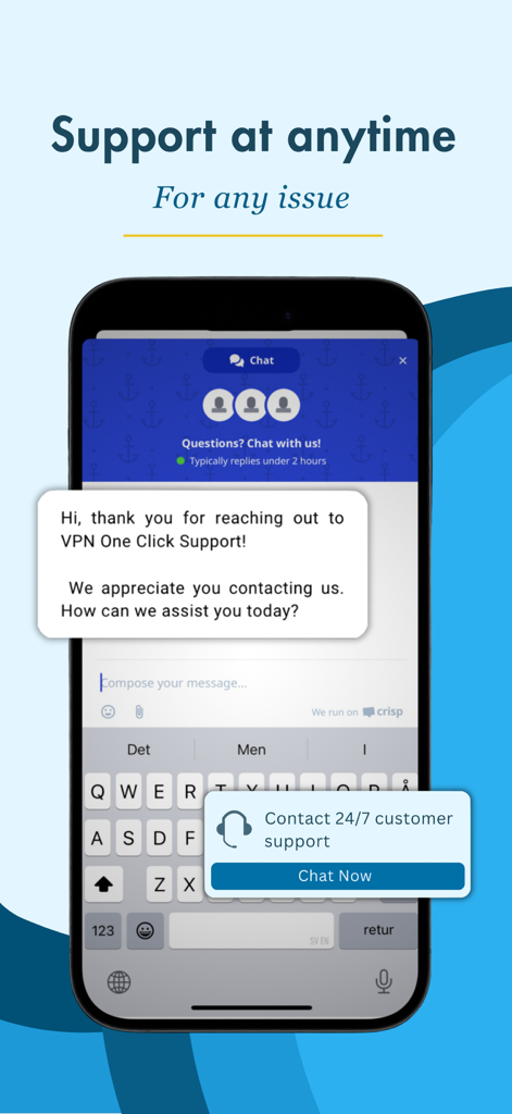 Pantalla móvil que muestra la interfaz de soporte al cliente de chat en vivo 24/7 de VPN One Click