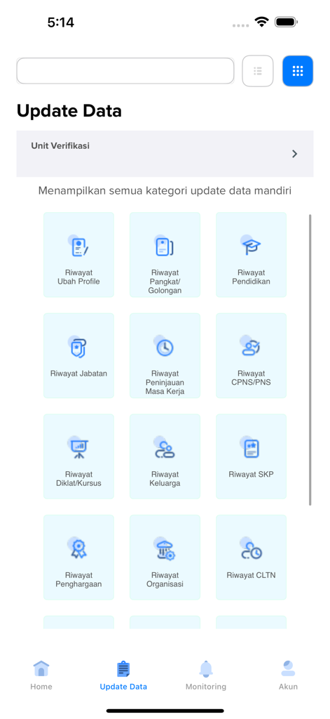 MyASN BKN - Update Data screen of the MyASN BKN app showing various data history categories for Indonesian civil servants