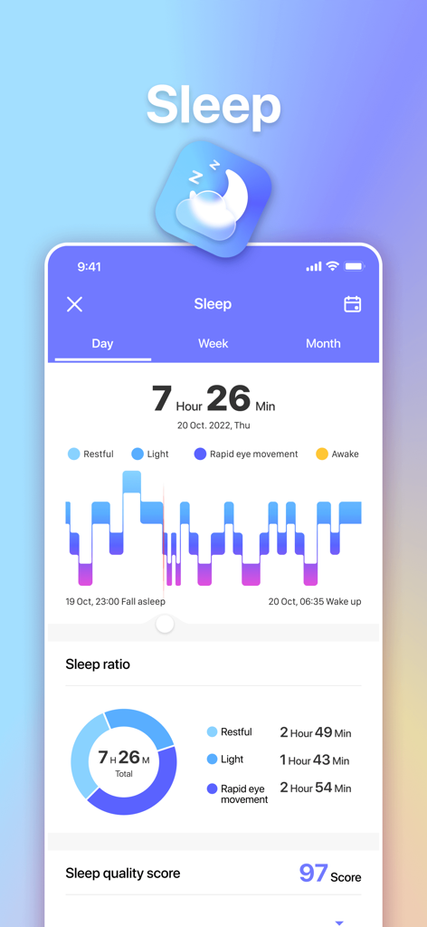 ADVAN SW - ADVAN SW app interface showing detailed sleep stages and a quality score of 97