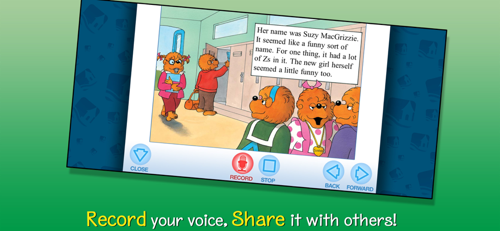 Berenstain Bears - Golden Rule - Interfaz de la aplicación Los Osos Berenstain La Regla de Oro que muestra la función de grabación y compartición de voz