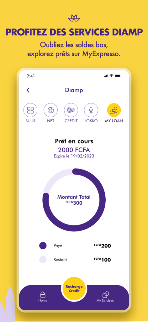 Interfaz de la aplicación My Expresso que muestra el servicio de gestión de crédito y préstamos Diamp