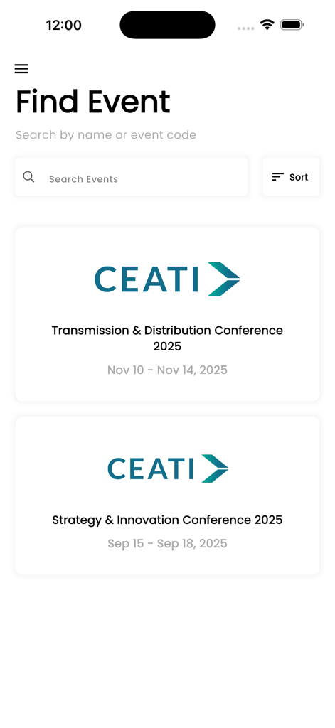 CEATI Conferences - Interface of the CEATI Conferences app displaying a search bar and a list of upcoming energy industry events