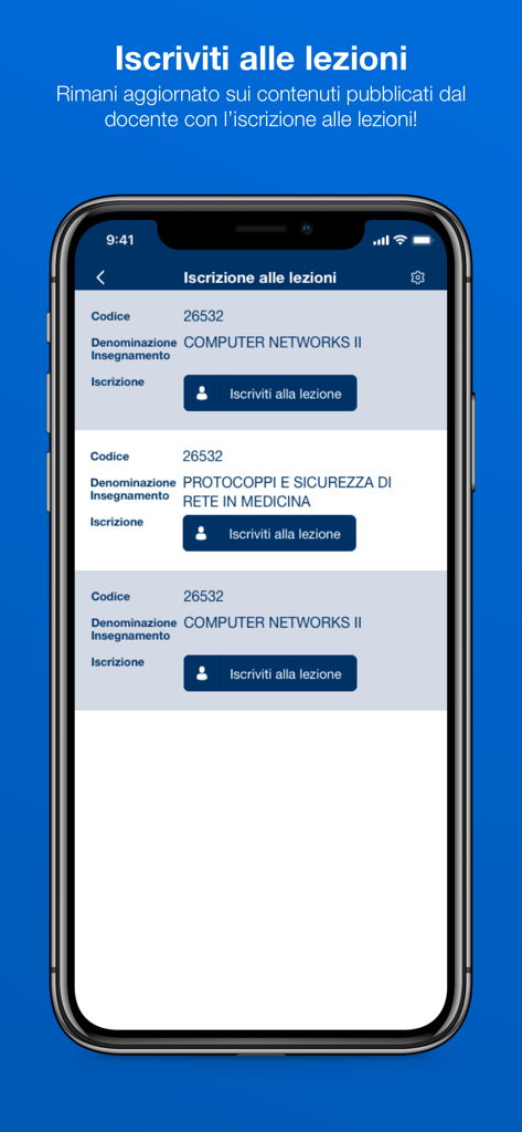 Docenti UNINA - Interfaccia dell'app mobile Docenti UNINA che mostra un elenco di corsi universitari per l'iscrizione alle lezioni.