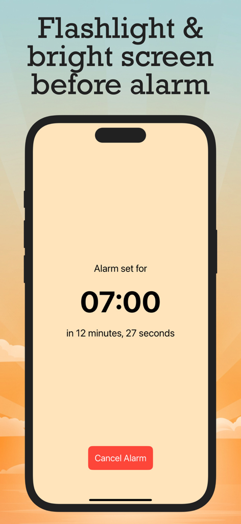 Glow Alarm app interface showing the sunrise feature with bright screen and flashlight for a 7 AM alarm
