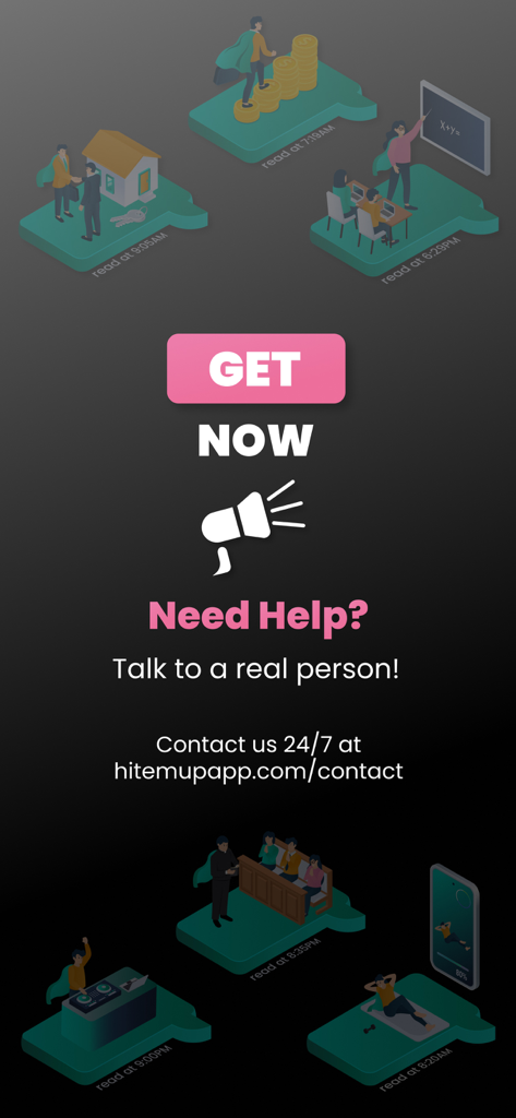 A promotional screen for the Classic Mass Text app featuring professional use case illustrations and customer support contact information.