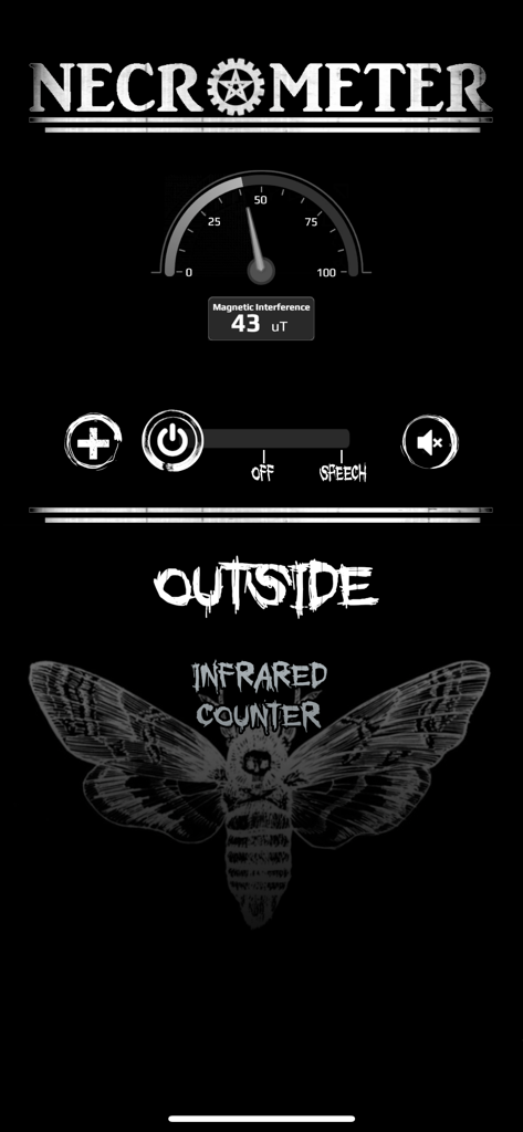 Necrometer - Necrometer ghost hunting app screen showing a magnetic interference dial and word detection interface