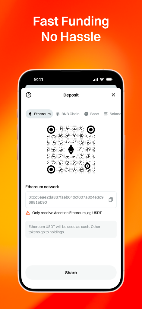 UXUY: Gasless On-Chain Trading - UXUY app deposit screen showing an Ethereum QR code and wallet address for fast funding