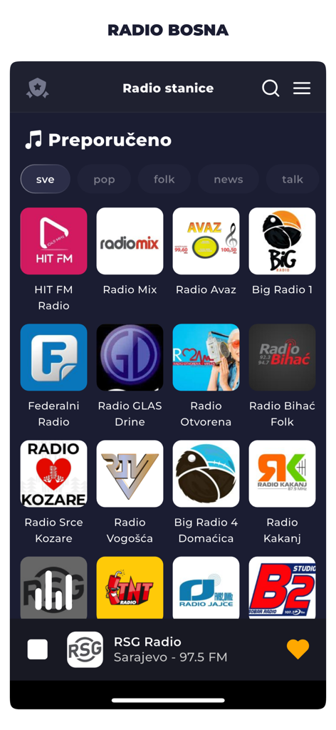 Radio Bosnia FM Online Live - Interfaz de la aplicación Radio Bosnia FM mostrando una cuadrícula de estaciones de radio bosnias recomendadas con filtros de género