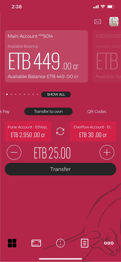 Zemen Mobile Banking - Dashboard of Zemen Mobile Banking app showing account balances in ETB and a fund transfer interface