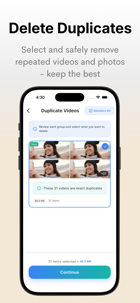 ClearSpace: Storage Cleaner - ClearSpace app interface showing the duplicate video removal feature with exact duplicates identified for deletion to save storage space.