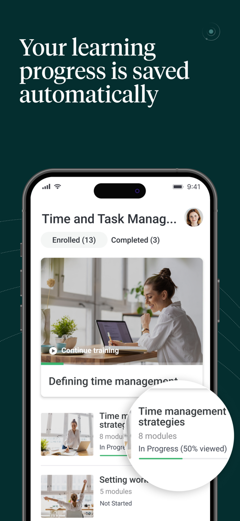 iSpring LMS - iSpring LMS mobile app interface showing a time management course list with automatic progress tracking.