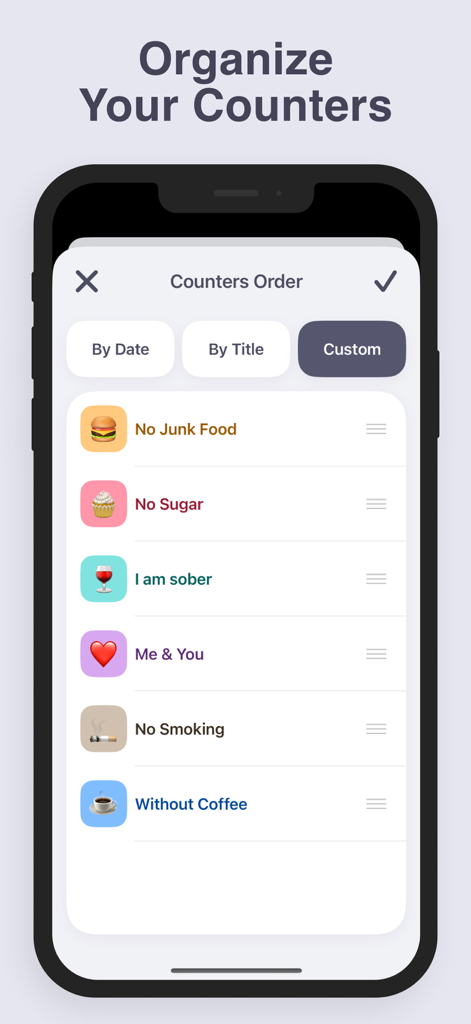 Days Since Counter: Quitly - Interfaz de la app Quitly mostrando una lista de contadores de hábitos organizados para sobriedad y salud