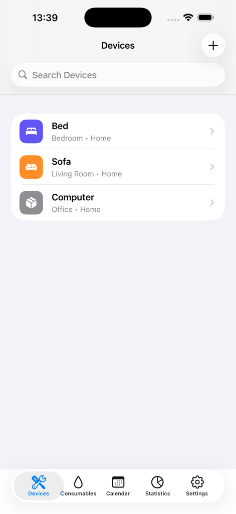 Hearthix - Pantalla de la aplicación Hearthix que muestra una lista de dispositivos y electrodomésticos del hogar rastreados