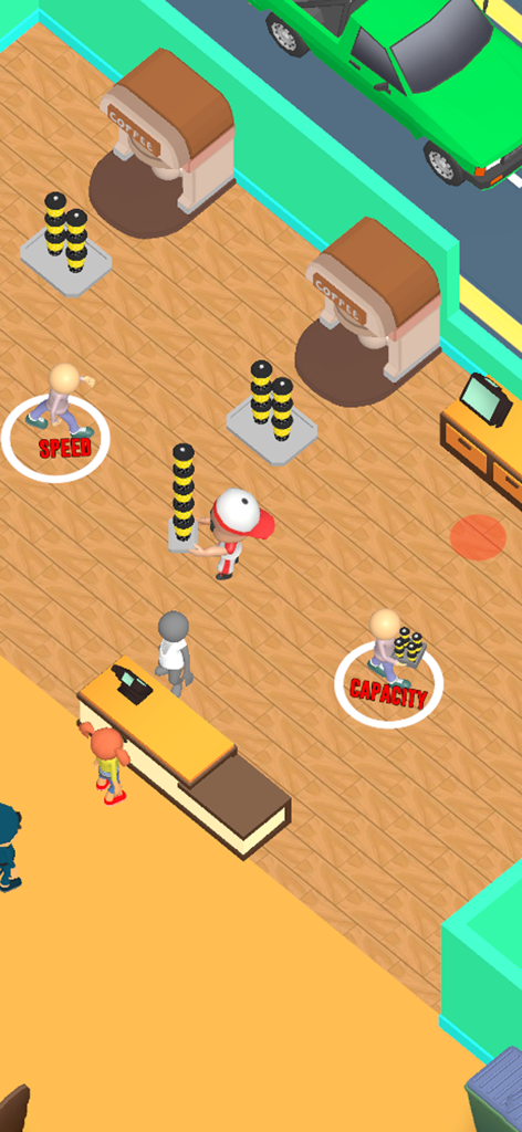 My Great Coffee Restaurant 3D - 3D-Gameplay aus der Vogelperspektive von Mein Großes Kaffee-Restaurant, das zeigt, wie Baristas Kaffee servieren und ein Drive-Thru-Fenster mit einem Auto.