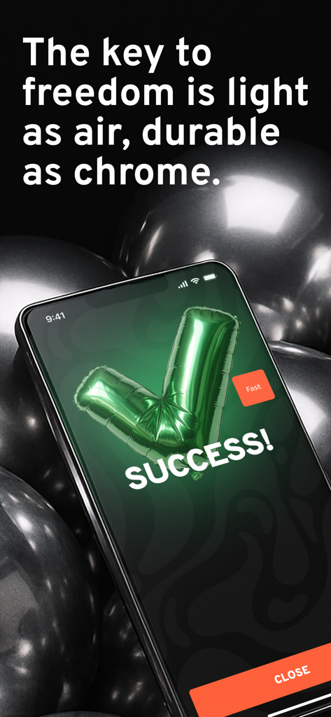 Ecrã de sucesso da app móvel FREE VPN OPEN mostrando um logótipo em forma de balão verde em V num smartphone