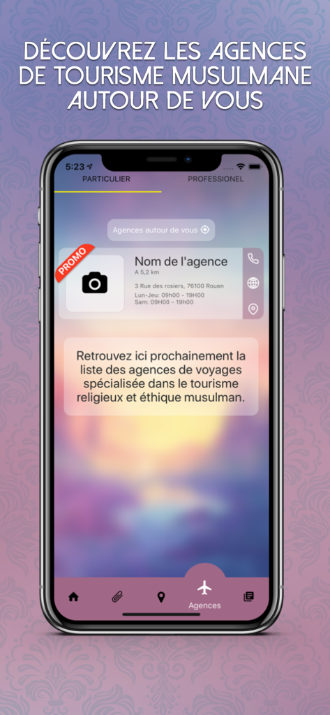 Interface of the Omra and Hajj app showing the section to find Muslim travel agencies